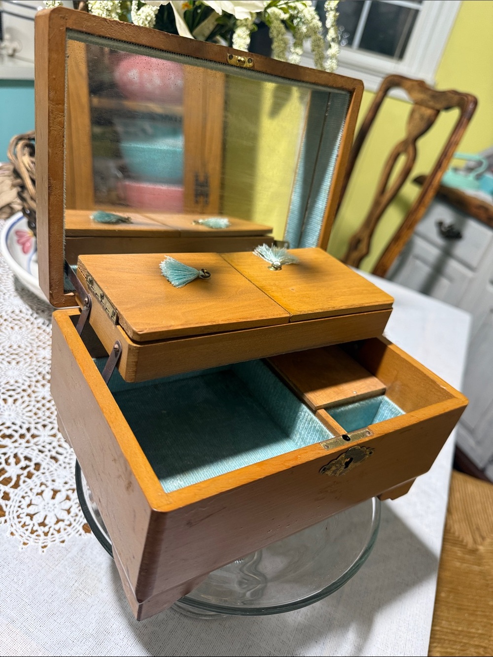 Vintage wood Japan musical jewelry box